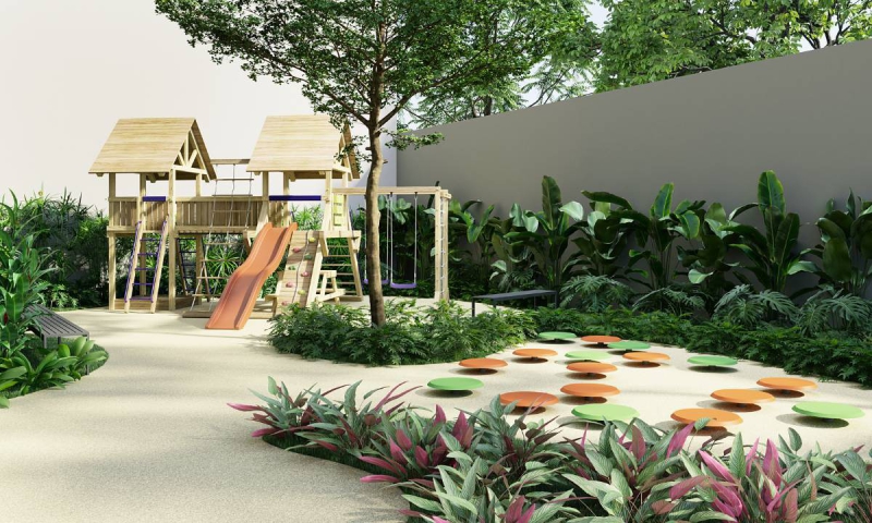 Playground - Um ambiente seguro e divertido, especialmente projetado para as crianças, com brinquedos variados que incentivam a criatividade e a interação social ao ar livre.