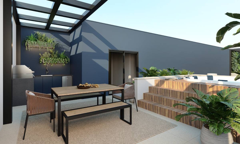 Área Gourmet 1 com Hidromassagem - Um espaço exclusivo que contém luxo e lazer, com uma hidromassagem elegante e uma vista deslumbrante no Rooftop, ideal para relaxar e aproveitar momentos inesquecíveis.