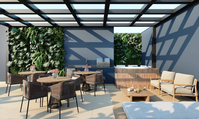 Área Gourmet 2 com Hidromassagem - Um espaço exclusivo e amplo para receber amigos que contém luxo e lazer para confraternizações, com uma hidromassagem elegante e uma vista deslumbrante no Rooftop, ideal para relaxar e aproveitar momentos inesquecíveis.